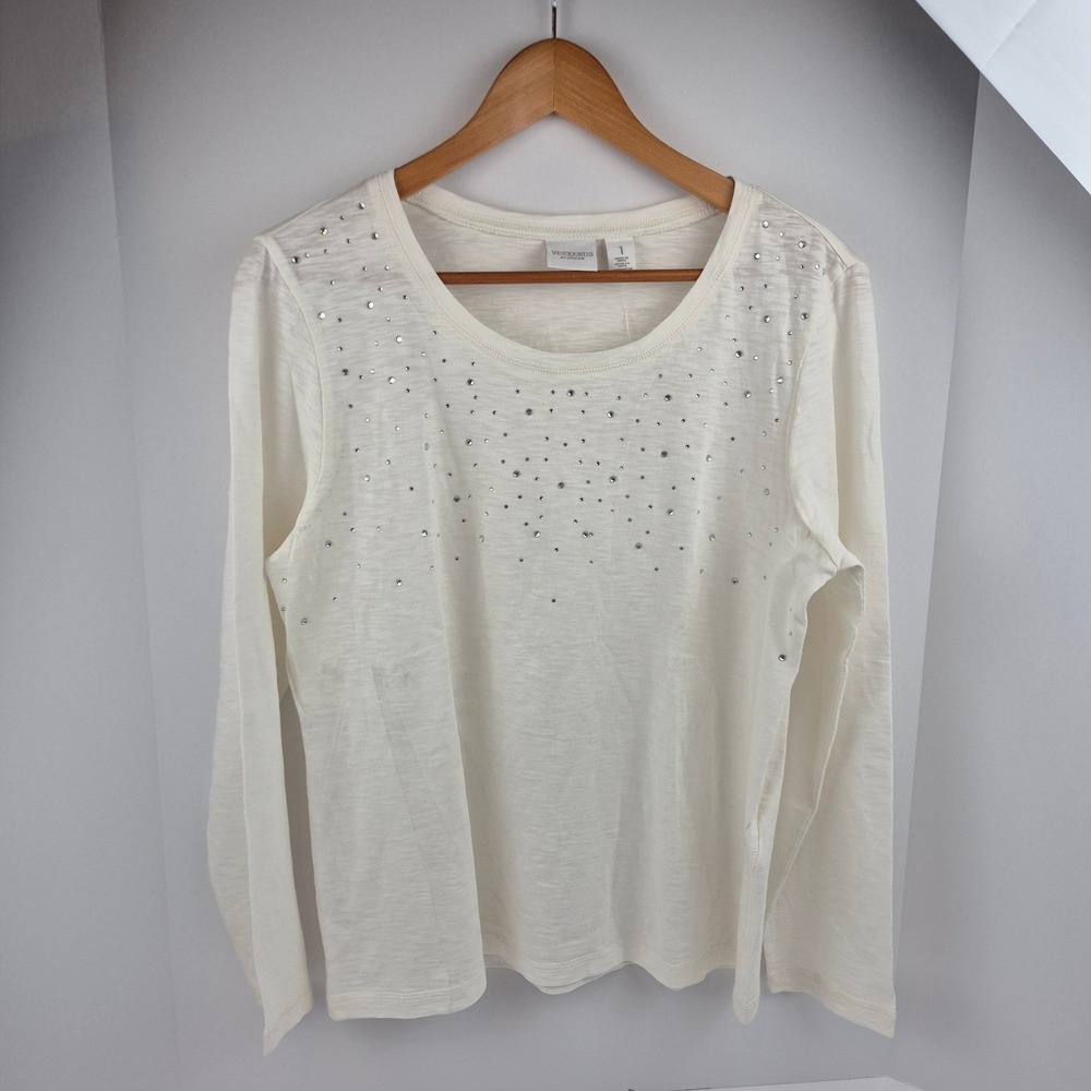 Weekends by Chico's Embellished Zing Scoop Top Ecru Sz 1 Rhinestone Long Sleeve